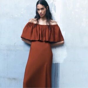 Zara Off Shoulder Linen Blend Ruffle Maxi  Rust Dress Small